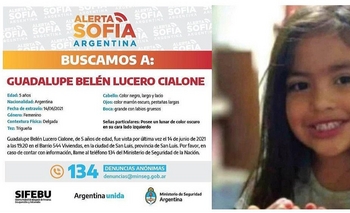 San Luis: activaron “Alerta Sofía” por la desaparición de Guadalupe Imagen de la nota: San Luis: activaron “Alerta Sofía” por la desaparición de Guadalupe